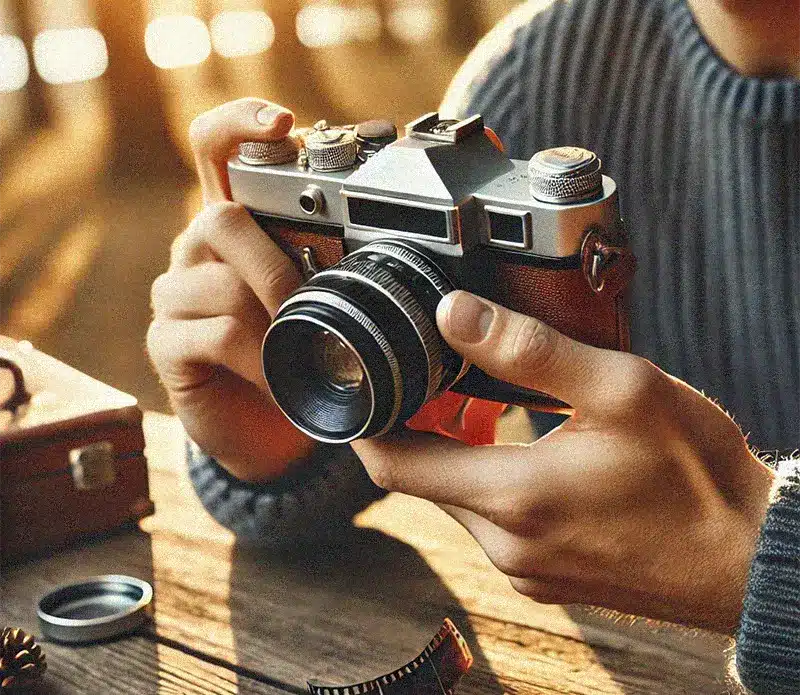person handling a film camera