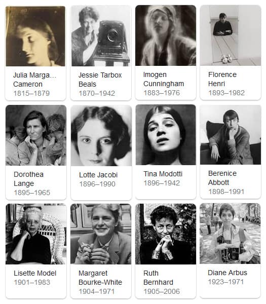 A matrix of portraits of women photographers exposed during the exhibition "Women of Photogrpahy: An Historical Survey", in the San Franciso Museum of Modern Art, 1975