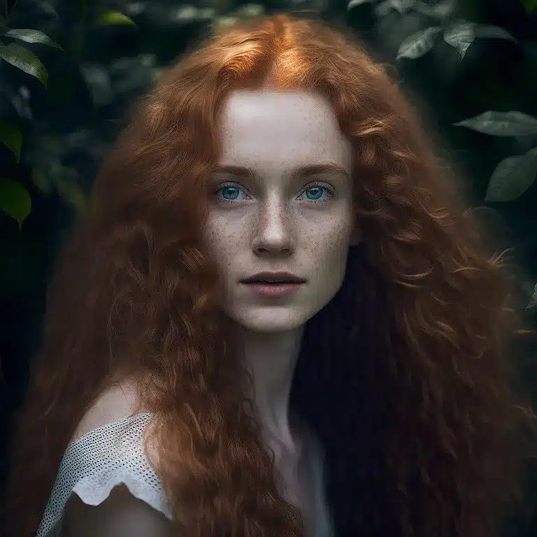 A digital portrait of a red-haired girl created by Midjourney AI, showcasing intricate details and lifelike features, sourced from Wikimedia Commons.