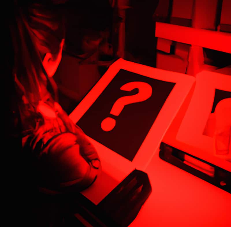 a person looking at a question mark on a sign