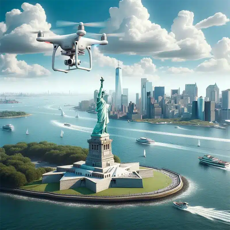 Drone taking a picture of the statue of liberty in NY