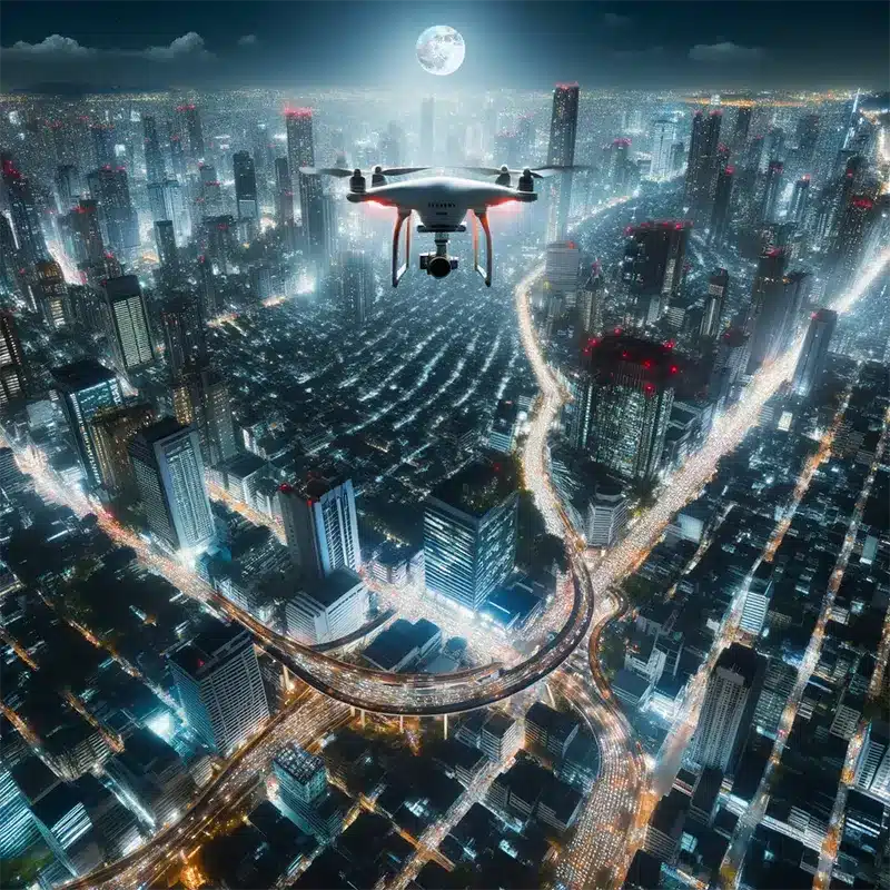 Drone flying over city during the night