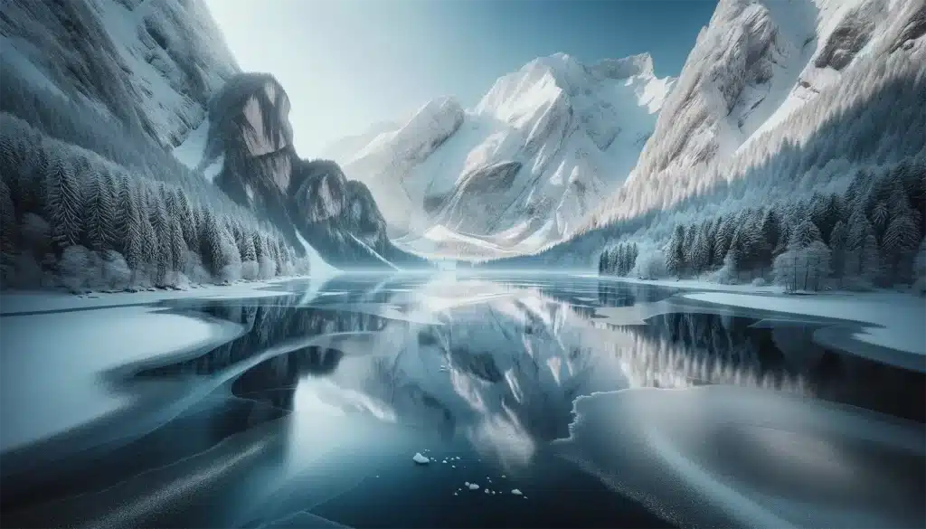 Frozen Lake with Snow-covered Mountains