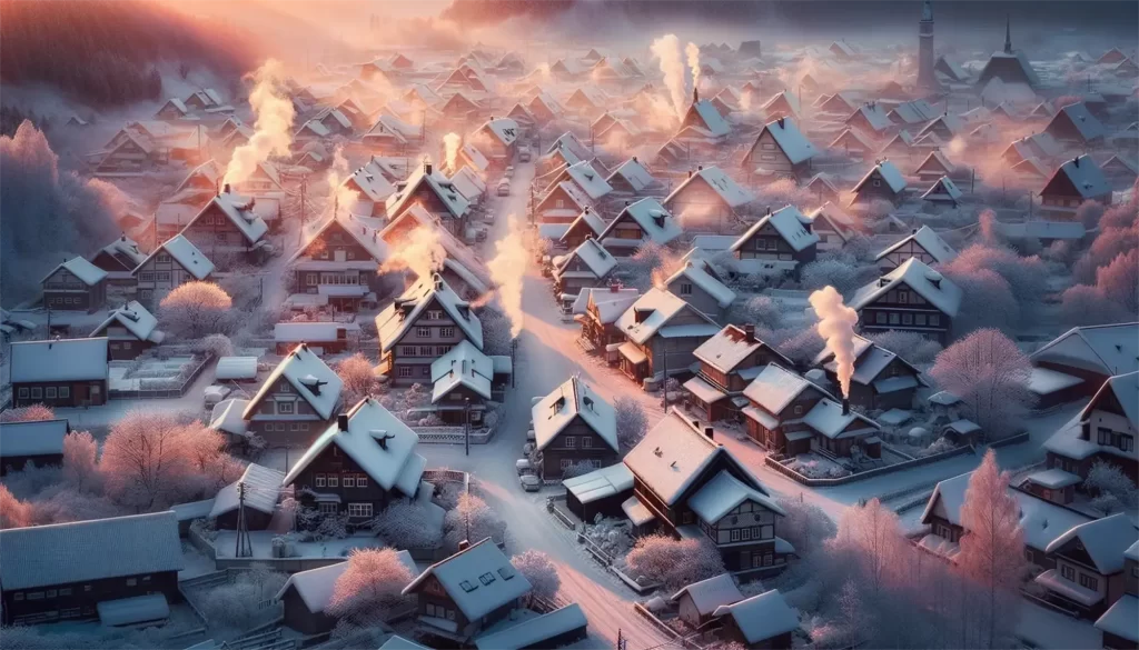 Snow-covered Village at Dawn