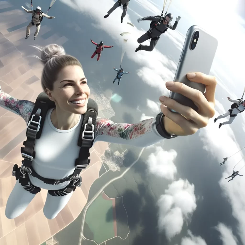 Woman taking a Selfie during a Skydiving Manouver.