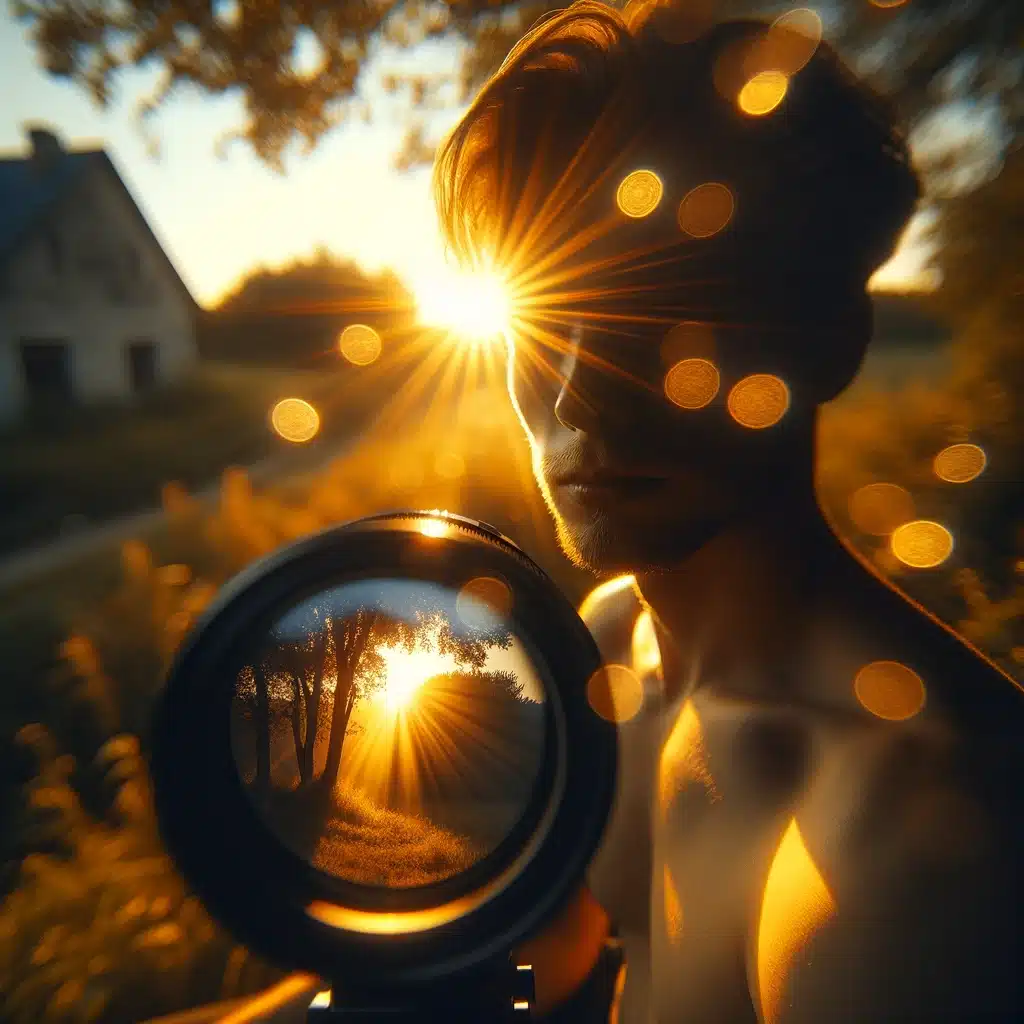 Portrait captured during the golden hour, emphasizing the use of shadows and lens flare.