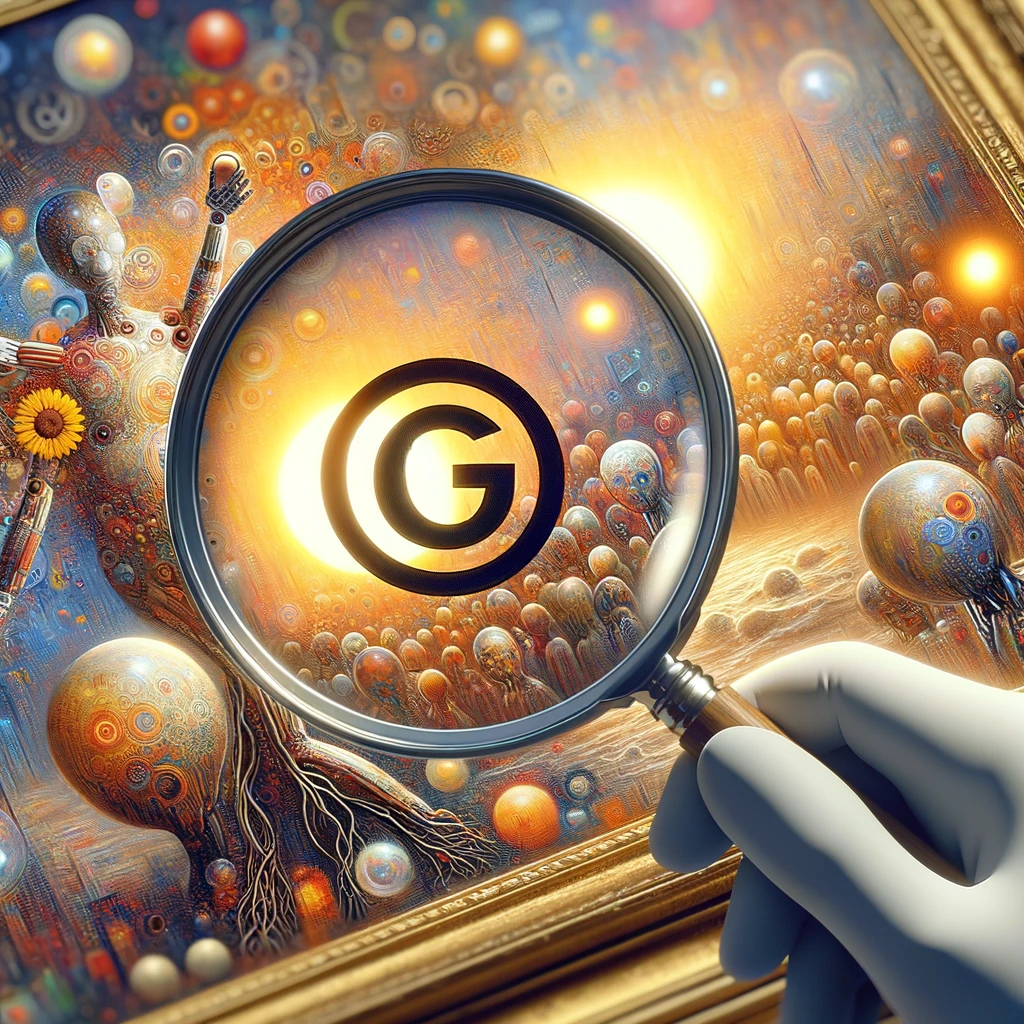 A magnifying glass revealing copyrighted elements in digital artwork, illustrating the scrutiny involved in copyright infringement cases.