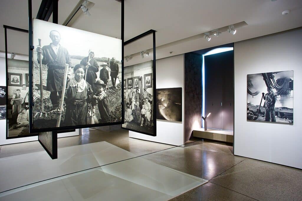 The image present an exhibition view of
photography emblematic exhibition "The Family of Man", Clervaux, 2013.