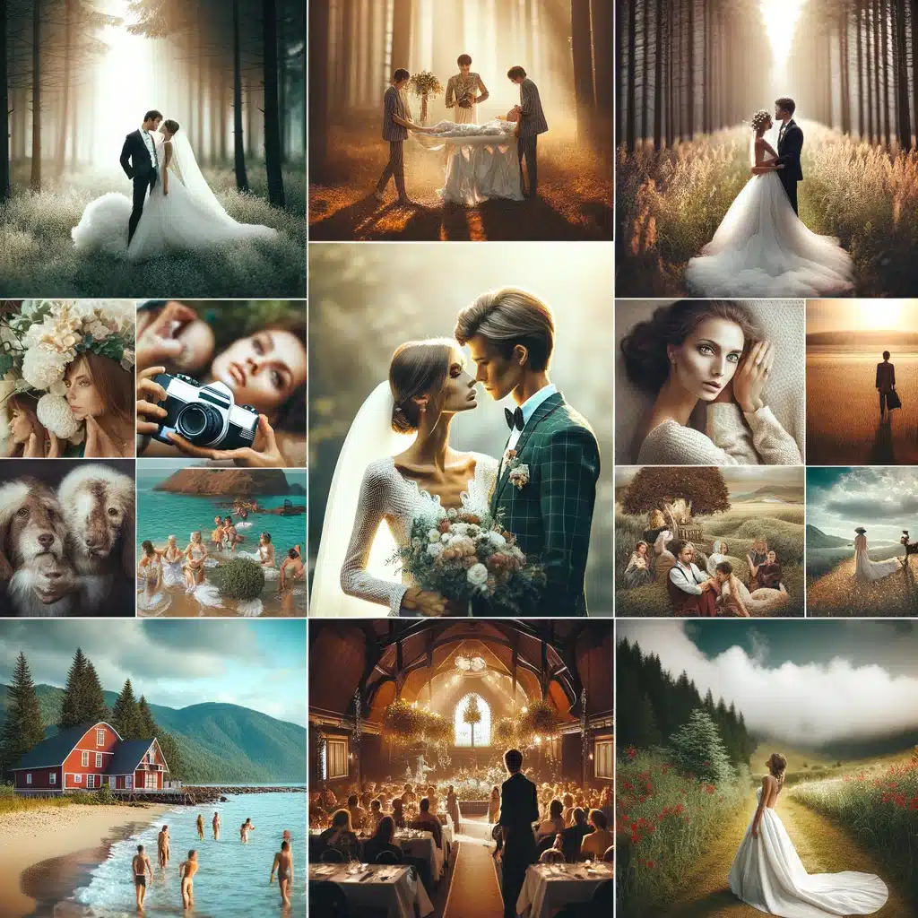 A collage showcasing a range of wedding photography styles - from traditional portraits to candid moments and unique, thematic shots.