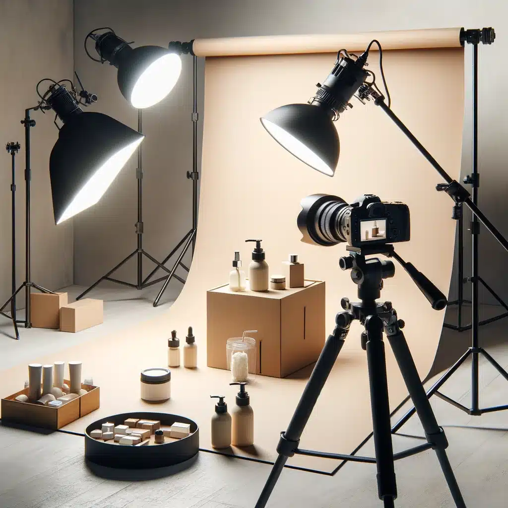 A behind-the-scenes image of a product photography setup, highlighting the technical aspects such as lighting and camera angles.