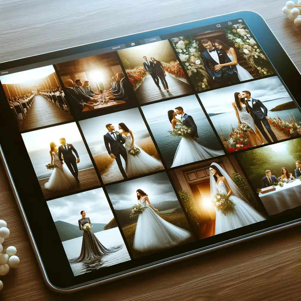 A sleek, digital portfolio displayed on a tablet, showing diverse, captivating wedding photos.