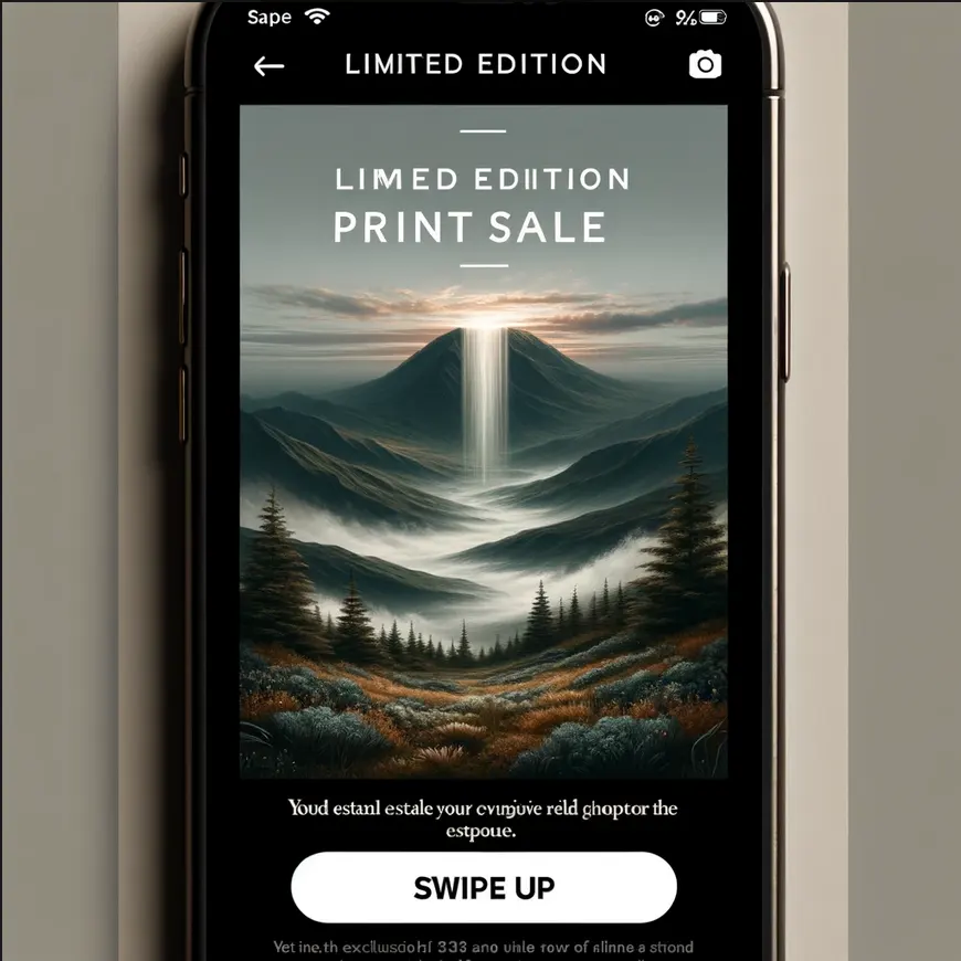 Instagram story featuring a captivating landscape photo with text overlay announcing a limited edition print sale, including a 'Swipe Up' link to the online store.
