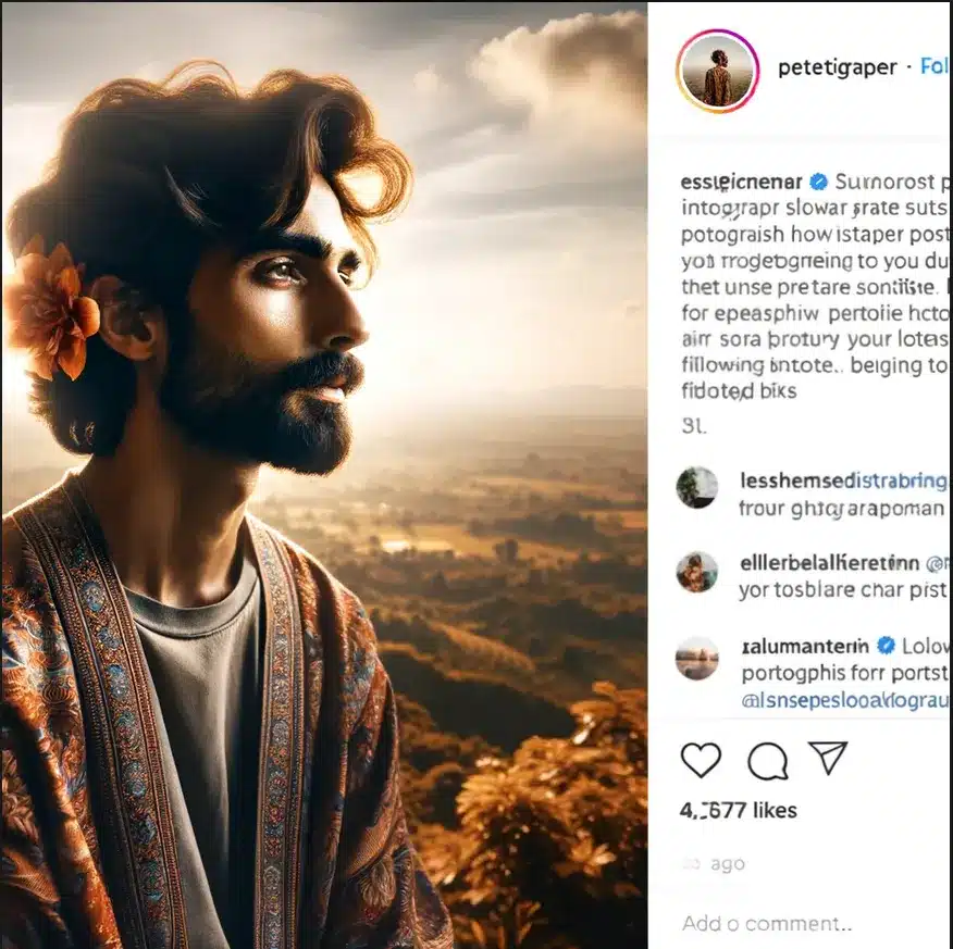 Instagram post of a stunning portrait photo with a detailed caption sharing the story behind the photograph, likes and comments from followers, and a call to action directing to the bio link.