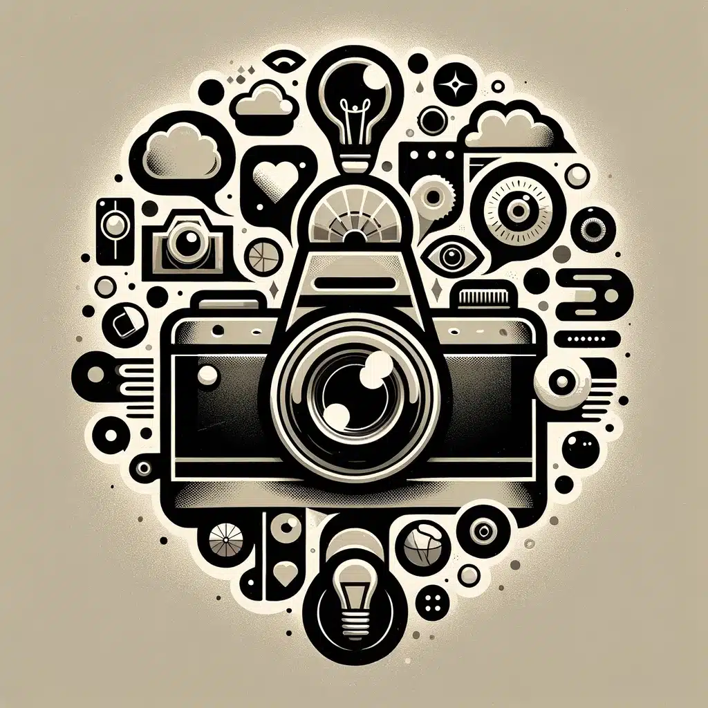 A logo featuring a classic camera silhouette at the center with translucent, overlapping speech bubbles behind it. These bubbles contain symbols such as a light bulb, an eye, and a heart, representing creativity, vision, and passion. The design uses a monochrome color scheme with subtle gold accents, symbolizing the timeless nature of photography and its value. The overall effect is one of depth and multifaceted perspectives, embodying both the technical and philosophical aspects of photography.