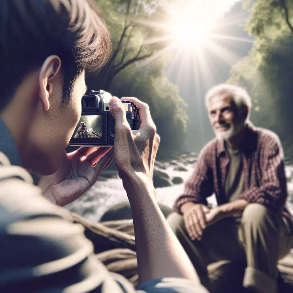 The third image features a photographer in a moment of connection with their subject in a natural setting, emphasizing the emotional depth and empathy involved in photography. The scene portrays the photographer engaging with a person, capturing an intimate and genuine moment that transcends the mere act of taking a photo, highlighting the photographer's ability to connect deeply with their subjects.