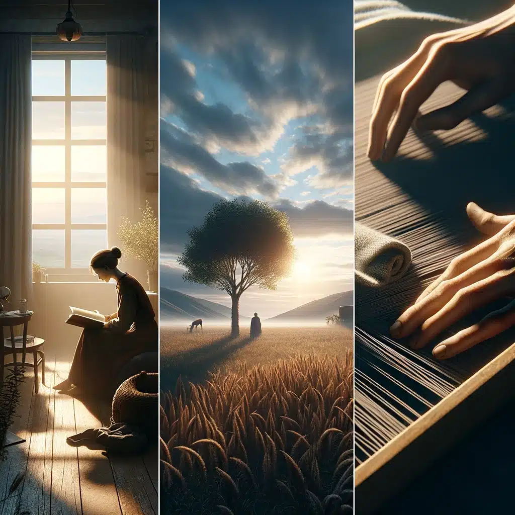 The image portrays a serene and meaningful moment, capturing the essence of storytelling through the simplicity of everyday life. It might feature a scene such as a person quietly reading in a sunlit room, a lone tree standing in a vast field at sunrise, or a detailed view of hands meticulously crafting or weaving. This photorealistic depiction emphasizes the quiet beauty and narrative depth found in ordinary moments, inviting viewers to reflect on the stories that such simple scenes can tell.