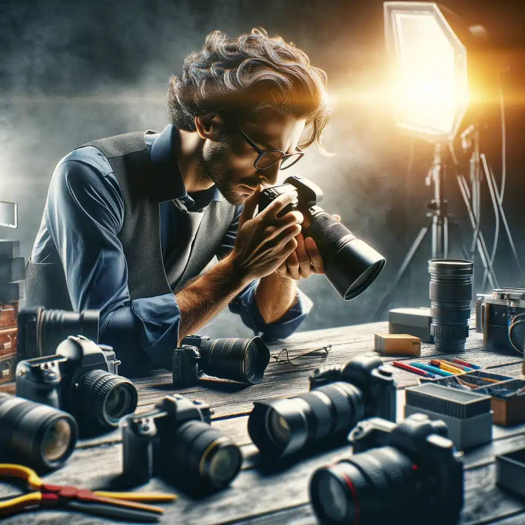 a photographer deeply engrossed in the creative process of crafting an image within a studio environment. Surrounded by an array of photographic equipment, including various cameras and lighting setups, the photographer is captured in a moment of intense focus and artistic decision-making. This scene conveys the essence of the photographer as an artist, emphasizing the thoughtful and intentional approach to photography.