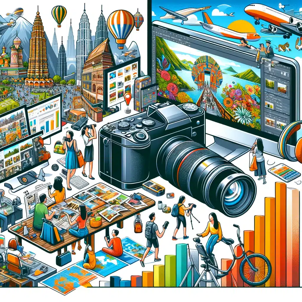 An image divided into four segments: 1) A digital camera with global landmarks in the background; 2) A diverse group capturing moments in various settings; 3) A workspace with a computer displaying photo editing software, surrounded by camera gear; 4) A graph illustrating the growth of the digital camera market. Each segment is colorful and designed to visually represent different aspects of photography, from global trends to the editing process and market growth.