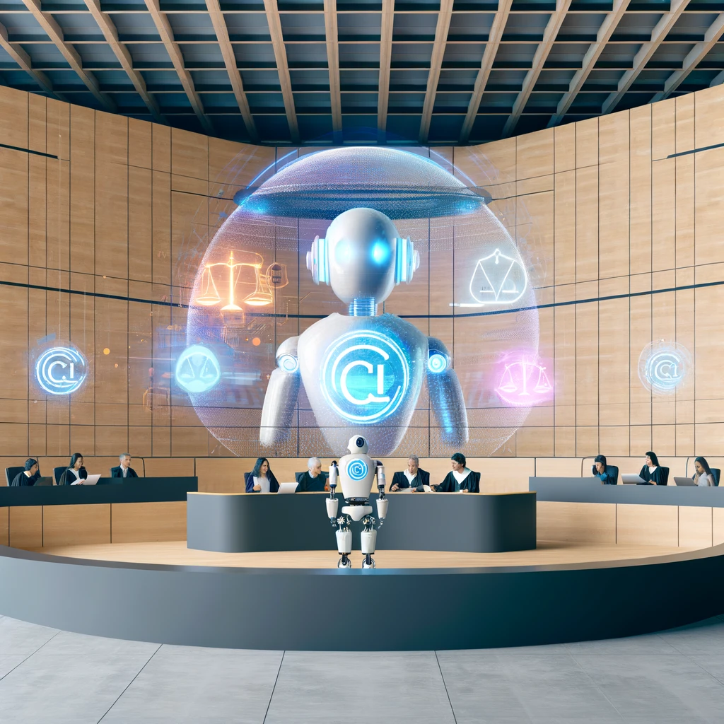  A futuristic courtroom scene, showing the collaboration between human judges and AI systems in adjudicating copyright cases involving AI-generated art.