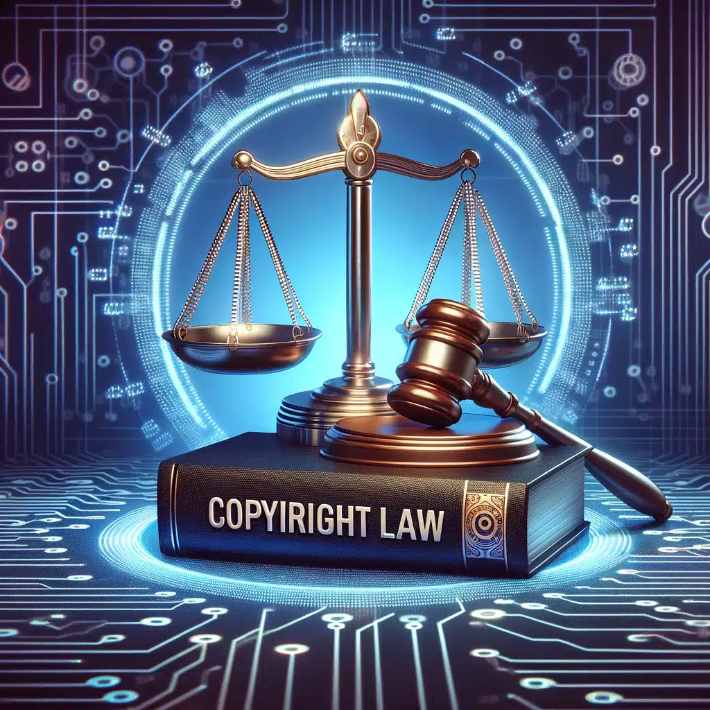 A gavel, balance scale, and a book labeled 'Copyright Law' against a digital background, highlighting the legal backdrop of AI-generated art.