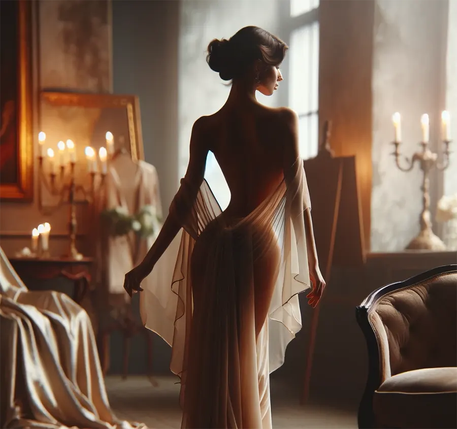 An elegant boudoir scene with a woman standing by a window, her back to the viewer. She is draped in a sheer, diaphanous gown that captures the soft light filtering through the curtains. Her hair is styled in an updo, and she gazes out the window in a contemplative manner. In the room, candlelight from a candelabra creates a serene ambiance, reflecting off a vintage mirror and highlighting the classic decor.