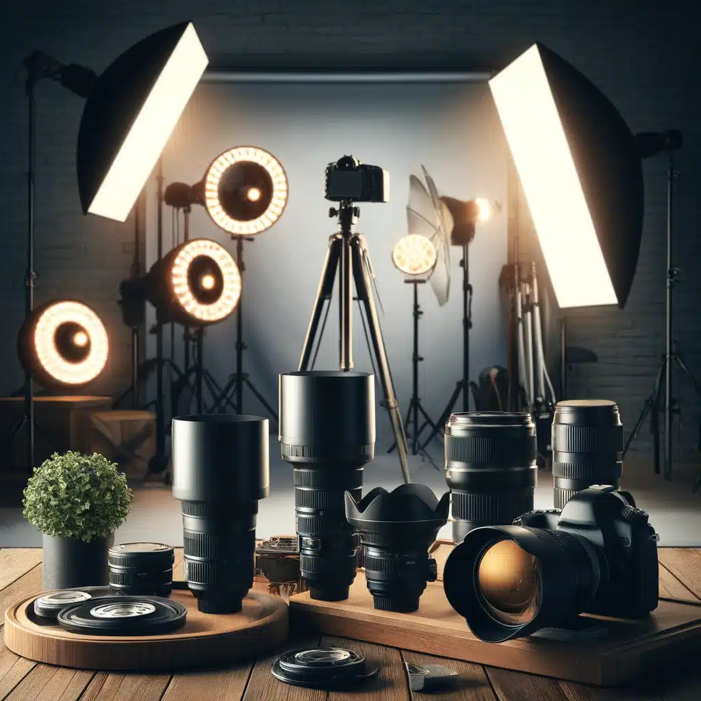 Professional photography equipment setup in a studio, featuring a camera with various lenses, a tripod, softboxes, ring lights, and a backdrop, arranged to illustrate essential tools for high-quality marketing materials