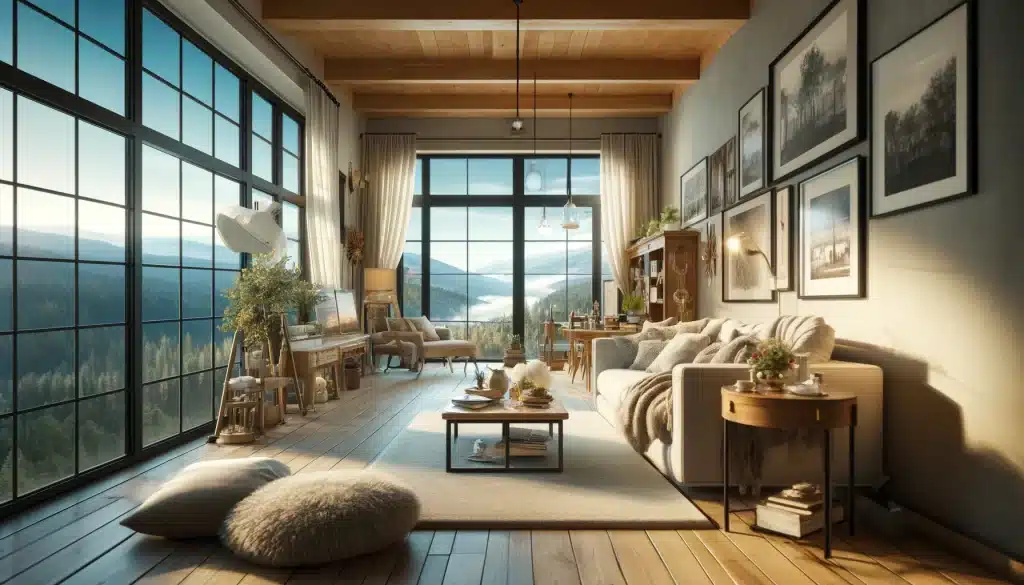 image depicting a beautiful and inviting Airbnb property. The living room setting is designed to convey warmth and welcome, with plush furnishings and tasteful decorations, all enhanced by soft, natural lighting.
