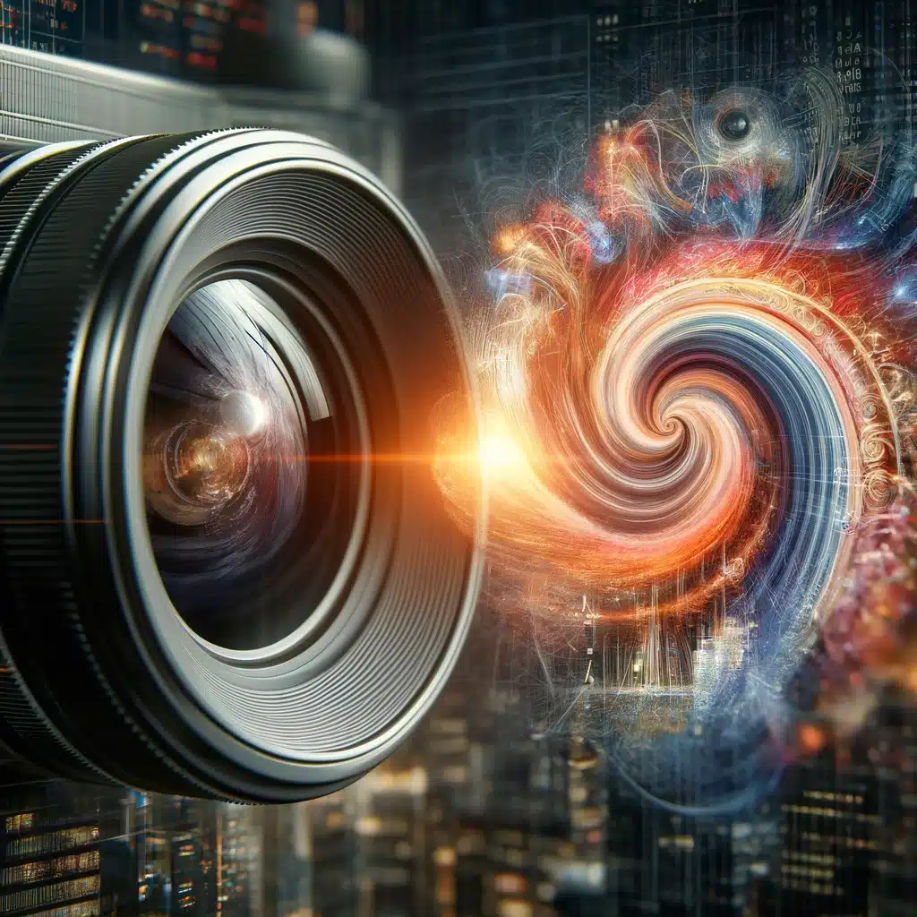 This image features a camera lens focusing on a swirling vortex of digital code and abstract images, with a subtle nod to New York City's skyline in the background.