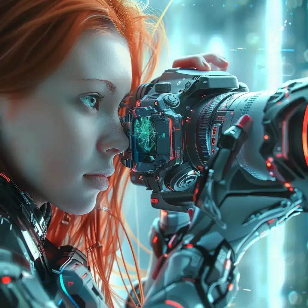 A futuristic scene with girl using a sleek, advanced sci-fi photo camera. The camera features a high-tech design with glowing elements and intricate details.