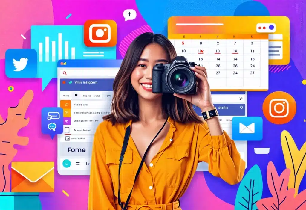The image features a stylish young woman, Aimee Song, holding a camera up to her eye, ready to take a photo. She is smiling and dressed in a bright yellow outfit, standing against a colorful and dynamic background. The background includes various digital elements such as social media icons (Instagram, Twitter), a calendar, and message bubbles, representing the planning and interaction involved in curating an Instagram feed. There are also analytics graphics, app interfaces, and abstract shapes in vibrant colors, symbolizing the creative and organized approach to managing social media content. The overall atmosphere is energetic, visually appealing, and professional, reflecting the detailed planning and aesthetic cohesion necessary for a successful Instagram presence