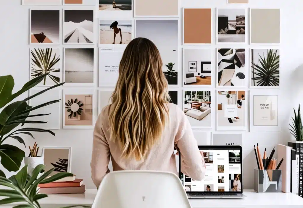 The image depicts a young woman with long, wavy blonde hair sitting at a desk, facing a wall covered with a well-organized collage of photos and artwork. She appears to be curating her Instagram feed, with her laptop open in front of her displaying a grid layout of images. The photos on the wall feature a cohesive aesthetic with a consistent color palette, including neutral tones, plants, and minimalistic designs. The desk is neatly arranged with books, plants, and stationery, contributing to an overall atmosphere of creativity and meticulous planning. The scene reflects the process of creating a visually appealing and harmonious Instagram profile through careful curation and planning.