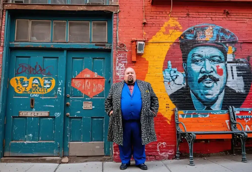 a large man standing in front of a vibrant, graffiti-covered wall in what appears to be a street in the Lower East Side. The man is dressed in a striking outfit with a blue suit and a patterned overcoat.