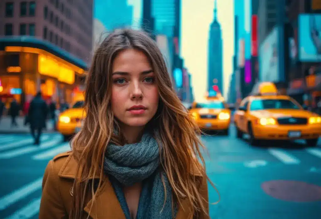 A young woman with long, wavy brown hair stands in the middle of a bustling New York City street. She wears a light brown coat and a gray scarf. Behind her, yellow taxis and pedestrians move along the street, with tall buildings and bright city lights creating a vibrant urban backdrop. The Empire State Building is visible in the background, emphasizing the iconic New York City setting.