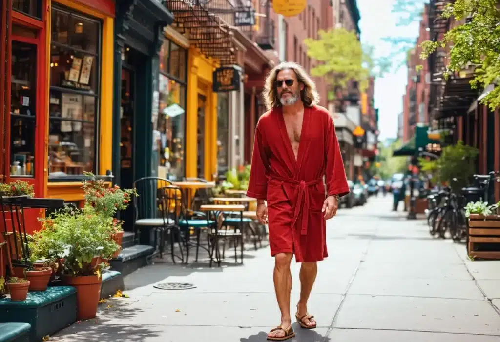 a man walking down a street in what appears to be Greenwich Village, New York City. The man is casually dressed in a red bathrobe and sandals, with long hair and a beard, giving off a relaxed and nonchalant vibe. The street is lined with colorful storefronts and outdoor seating, creating a charming and vibrant atmosphere. The setting is indicative of the unique and eclectic character of Greenwich Village