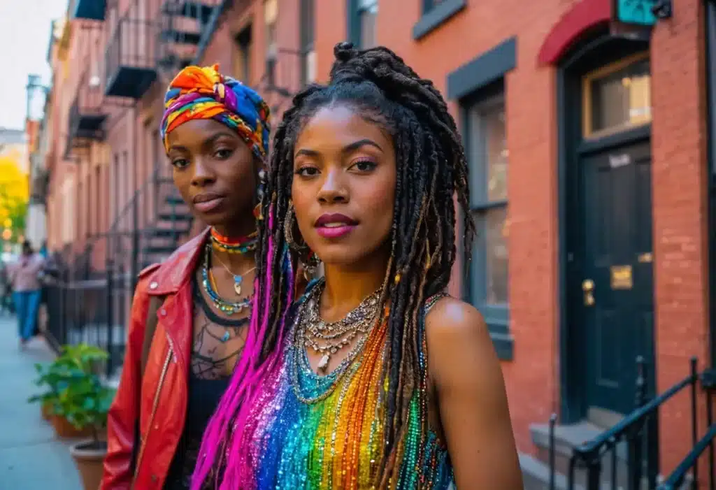 Two stylish women standing on a street in Harlem. The woman in the foreground has long, colorful braids and is wearing a vibrant, rainbow-sequined top, while the woman behind her is wearing a colorful headwrap, a red jacket, and layered necklaces. The background features classic Harlem brownstone buildings, adding a charming urban backdrop to the scene.