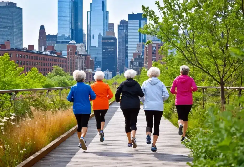 This image shows a group of older women jogging along the High Line, a popular elevated linear park in New York City. The women are dressed in colorful athletic wear, and they are running on a wooden pathway surrounded by lush greenery. In the background, the skyline of New York City is visible with its mix of modern skyscrapers and historic buildings, providing a striking urban contrast to the natural surroundings of the park.