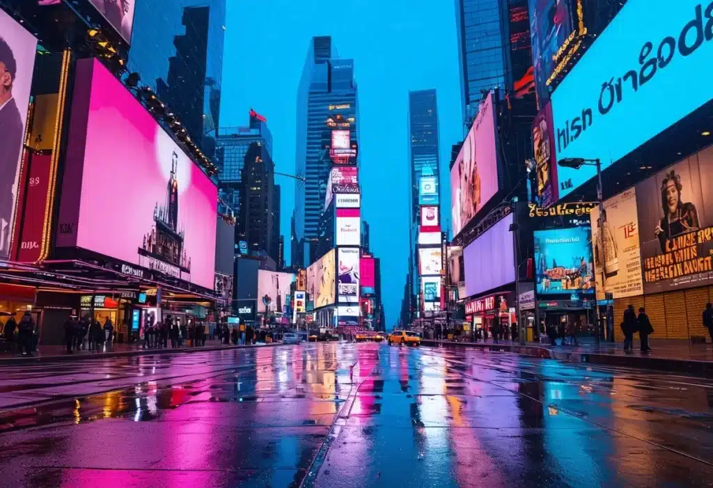 a rainy night in Times Square, New York City. The streets are wet, reflecting the vibrant and colorful lights from the numerous digital billboards and advertisements that line the buildings.