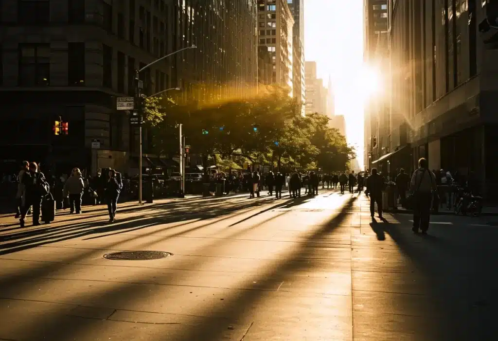 Pedestrians walk along a sunlit Manhattan street during the golden hour. The sun is low in the sky, casting long shadows across the sidewalk and creating a warm, golden glow. Tall buildings line the street, and trees are illuminated by the soft, diffused light. The atmosphere is calm and serene, capturing a peaceful moment amidst the city's usual hustle and bustle.