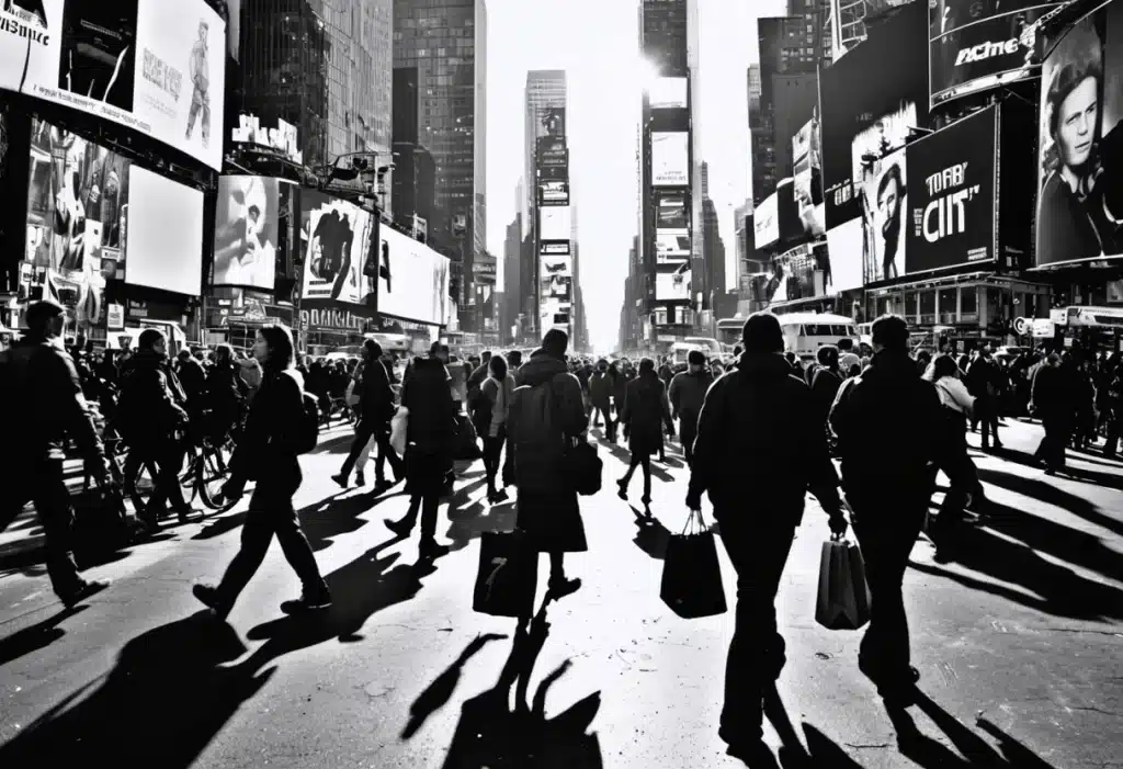 A high-contrast, black-and-white photograph of a busy New York City street scene, likely Times Square. The image captures a large crowd of pedestrians crossing the street, their shadows stretching long on the pavement due to the bright sunlight. Tall buildings line the street, adorned with large, illuminated billboards and advertisements.