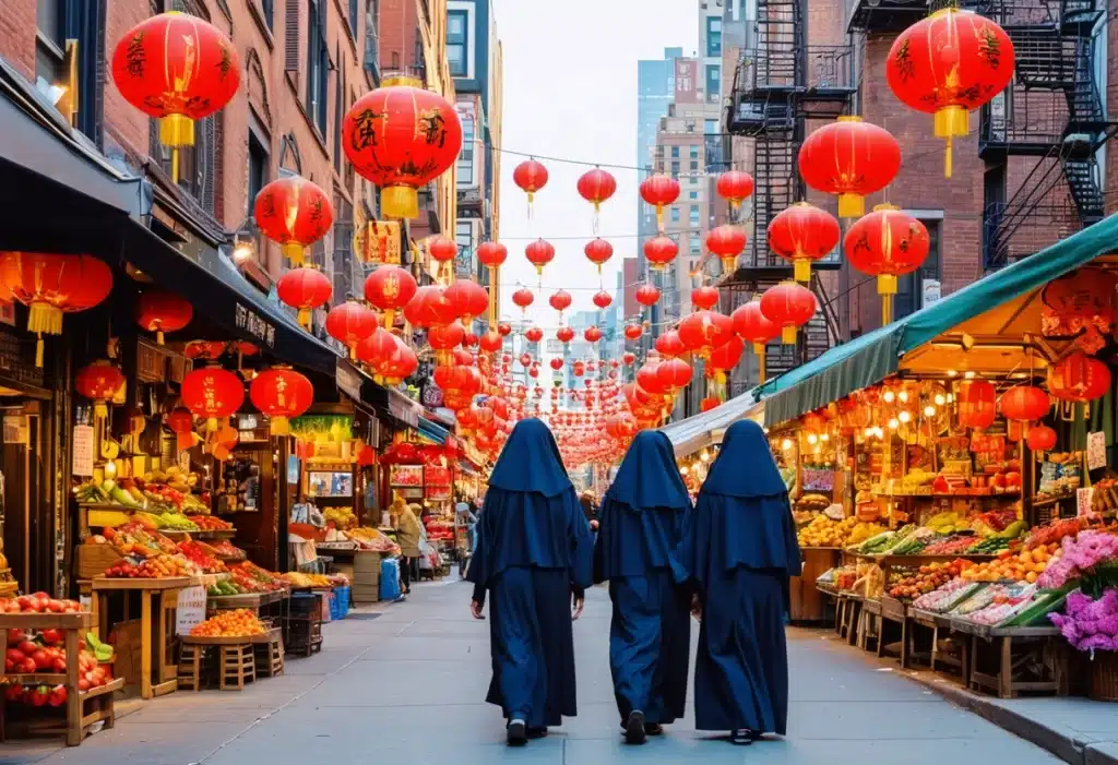 This image depicts a lively street scene in what appears to be Chinatown, adorned with numerous red lanterns hanging overhead. The street is bustling with vibrant market stalls selling fruits and vegetables. In the center of the scene, three nuns dressed in dark blue habits are walking away from the camera