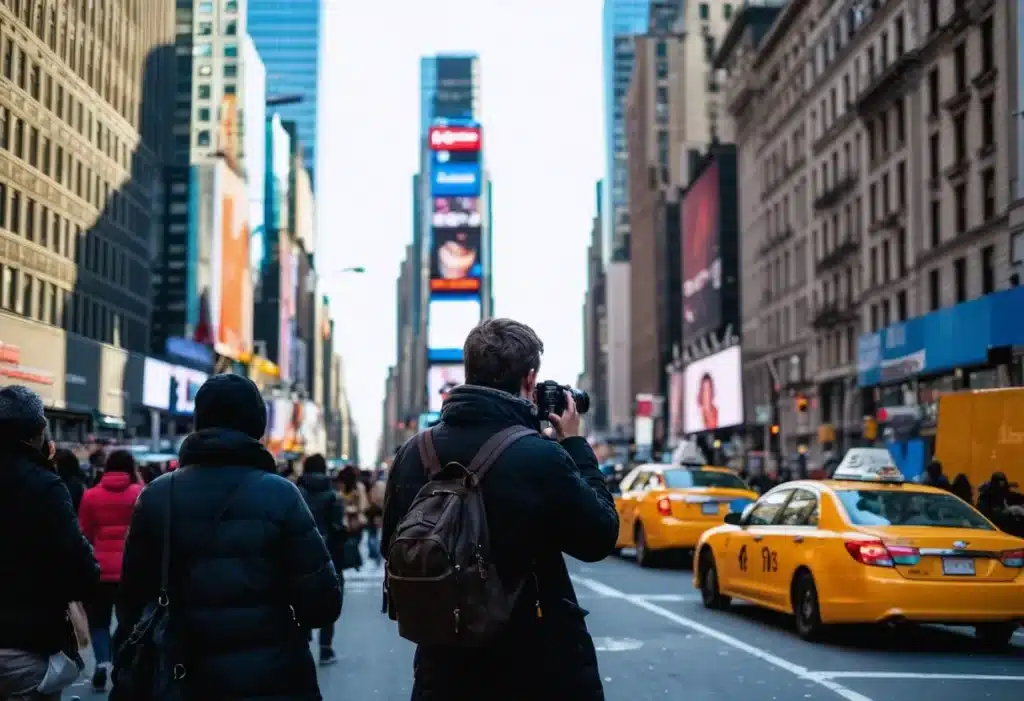 A street photographer in Manhattan captures the bustling city life. The scene includes tall skyscrapers, busy sidewalks with pedestrians, and yellow taxis driving through the streets. The photographer, wearing a dark jacket and carrying a brown backpack, is focused on taking a photo amidst the iconic urban landscape of Times Square, filled with colorful billboards and advertisements.