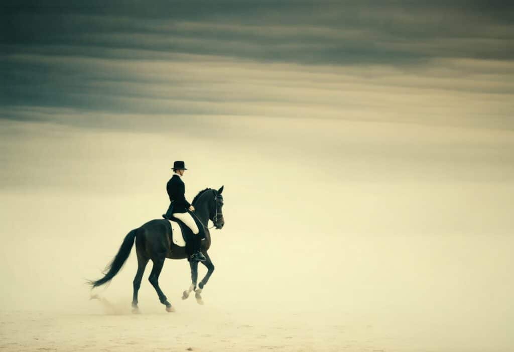 a man riding a horse in a surrealistic landscape