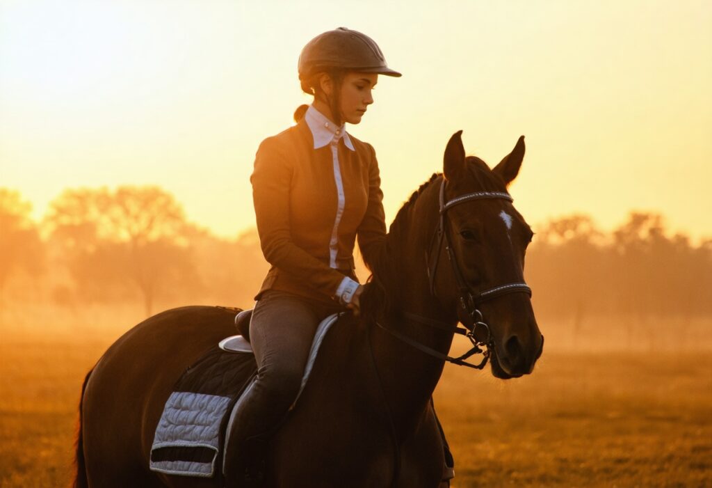 a woman riding a horse during golden hour