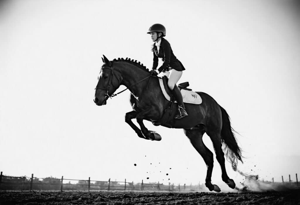 A girl riding a horse, jumping, equestrian photography