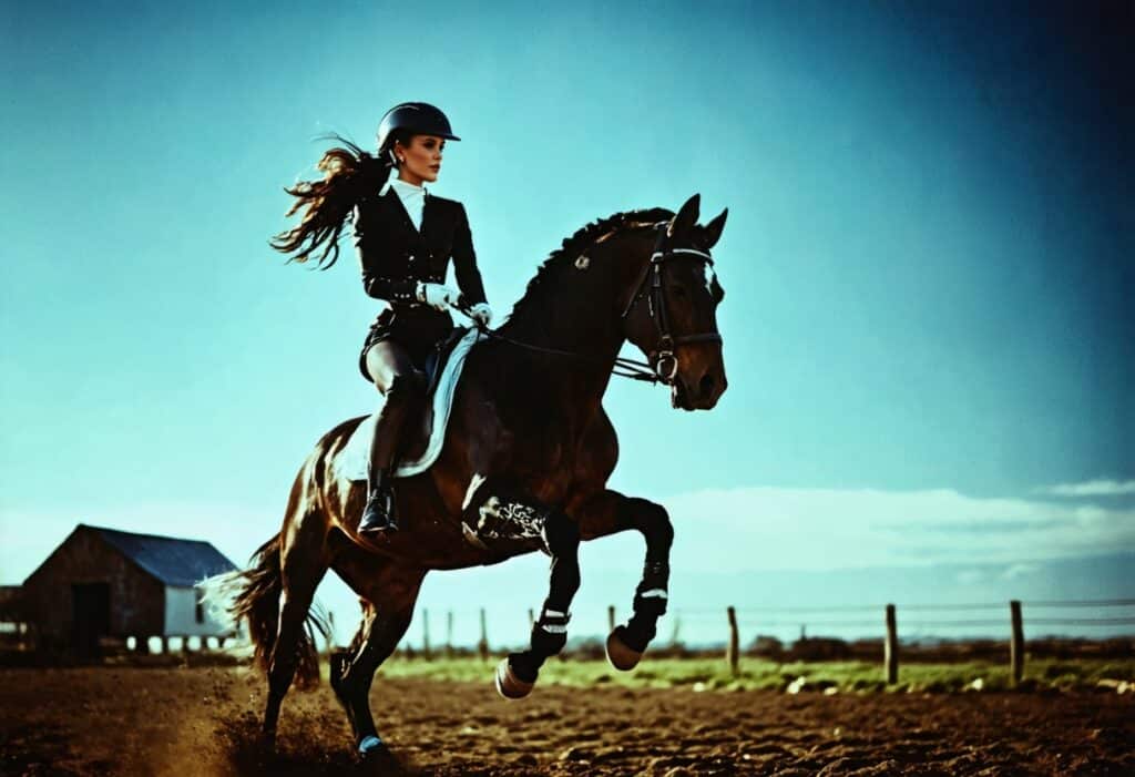 equestrian photography, a woman riding a horse, dynamic movement