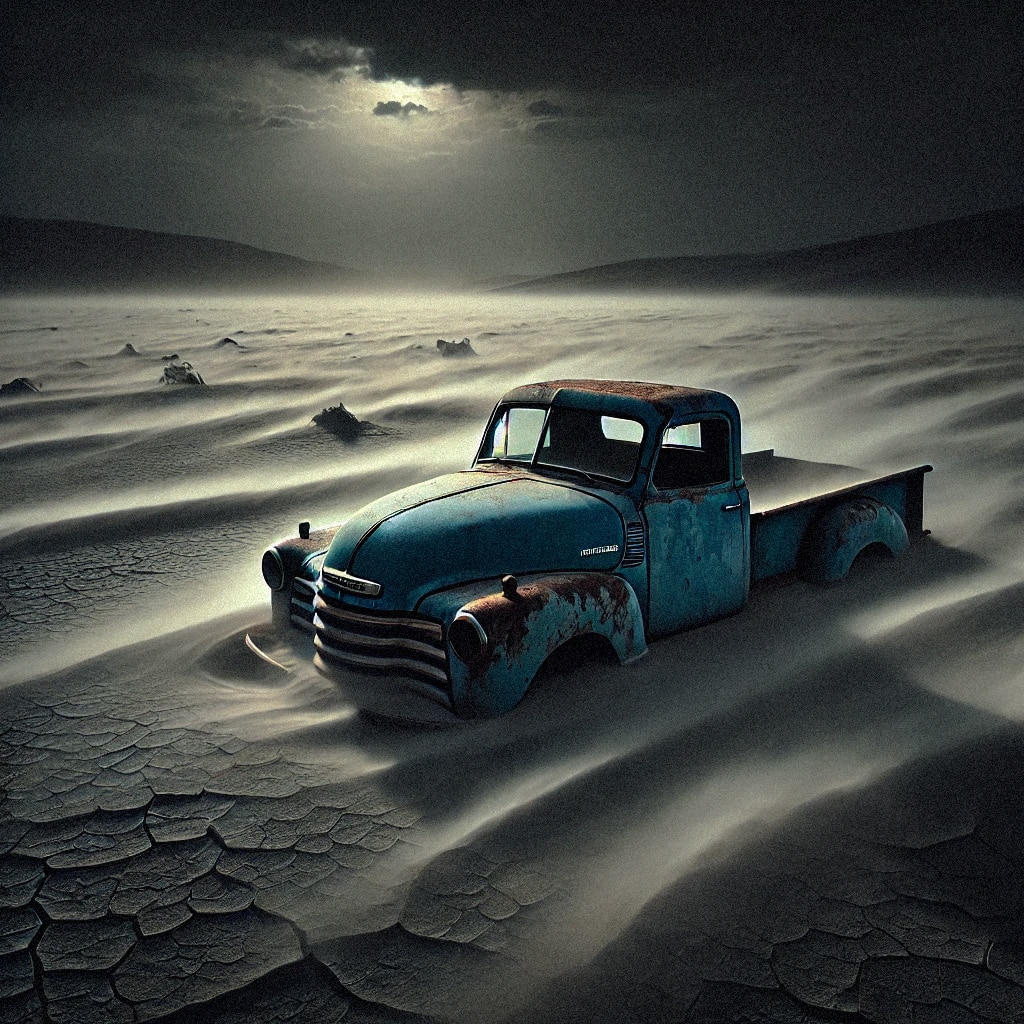 rusted blue truck in the desert