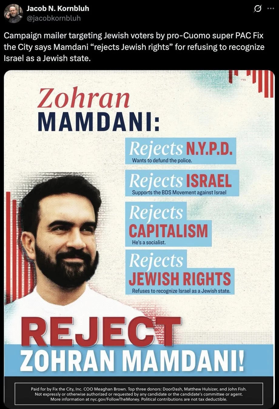 Flyer portraying Zohran Mamdani with a digitally darkened and exaggerated beard, alongside bold red and blue claims that he rejects the NYPD, Israel, capitalism, and Jewish rights, with a large “Reject Zohran Mamdani!” banner.