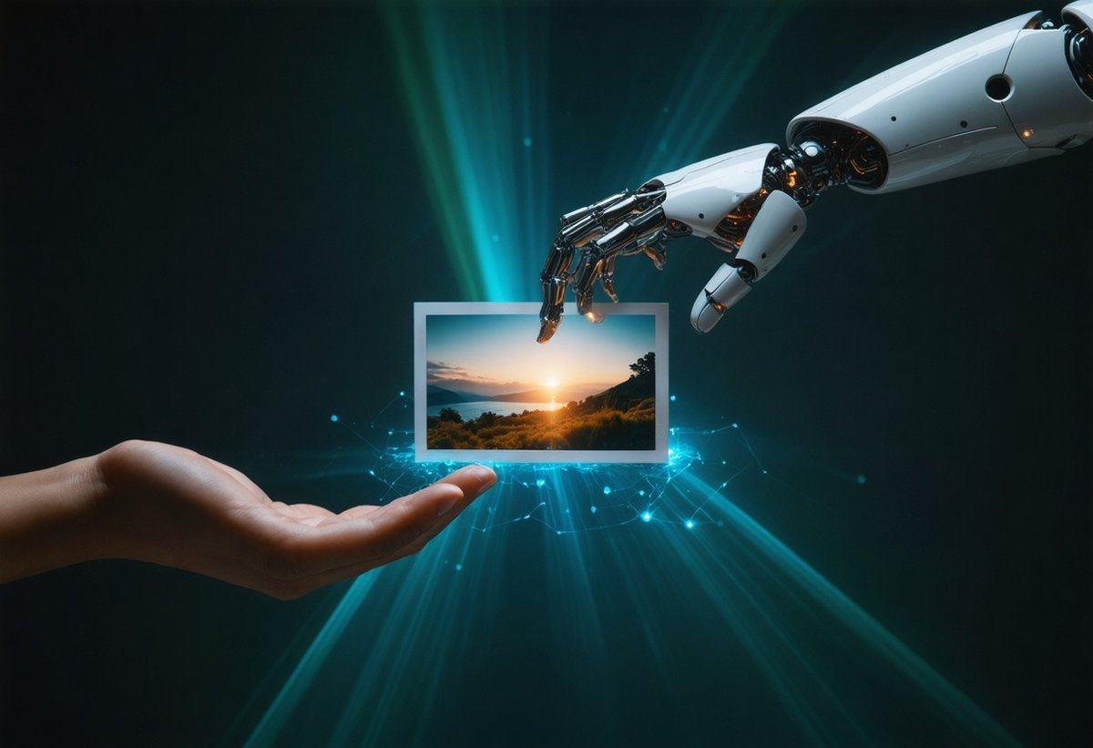 Human and artificial intelligence hands reaching for photograph representing AI photography copyright ownership and authorship disputes