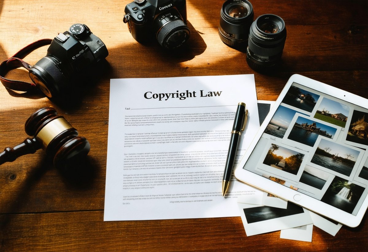Copyright law documents and photography equipment illustrating legal challenges of AI-generated images and photographer rights