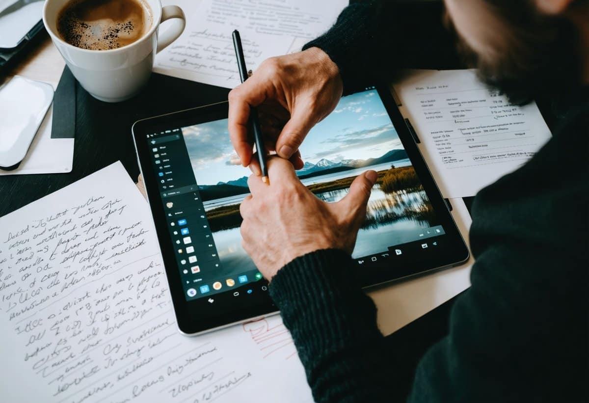 Photographer's hands editing landscape photo with AI generative fill tools on digital tablet in 2025